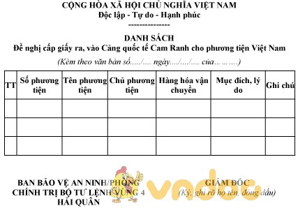 Mẫu danh sách đề nghị cấp giấy ra, vào Cảng quốc tế Cam Ranh cho phương tiện Việt Nam