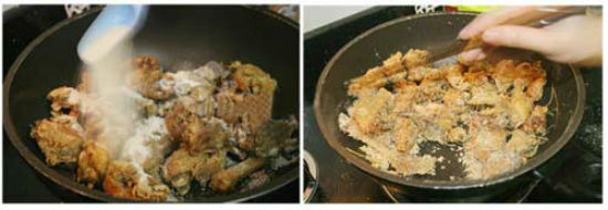 Hoàn thiện món thịt gà rang muối bằng cách cho muối gạo vào đảo với thịt gà