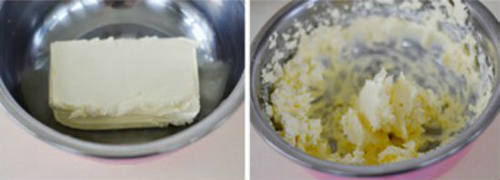 Trộn đêù phô mai với bơ là bước đầu tiên khi làm bánh bông lan hương quất